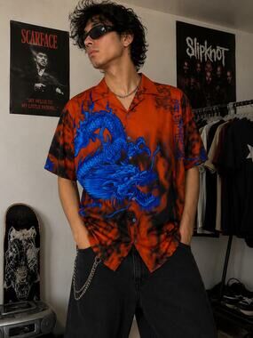 Y2K Blue Dragon Flame Button Up Shirt XL